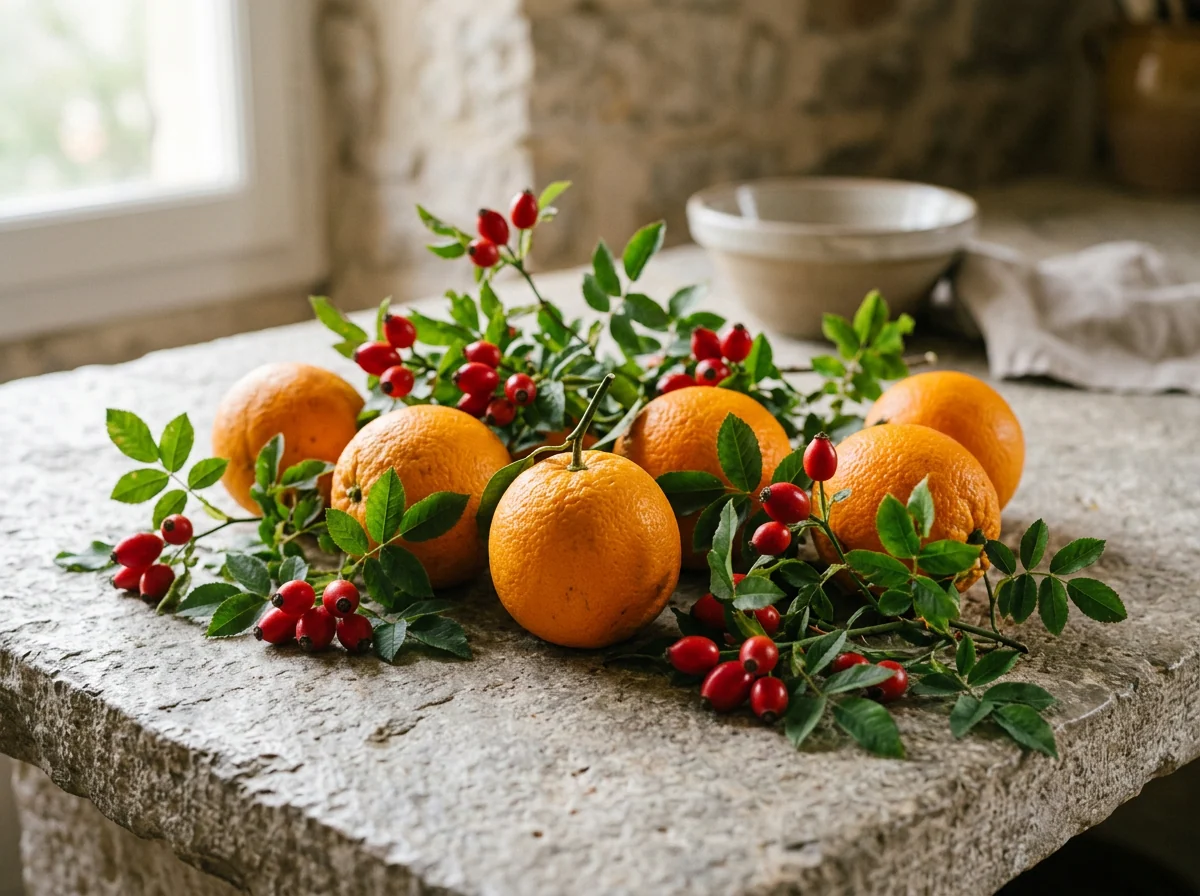 Flat lay of coffee beans, citrus and leafy greens used in food supplement formulation